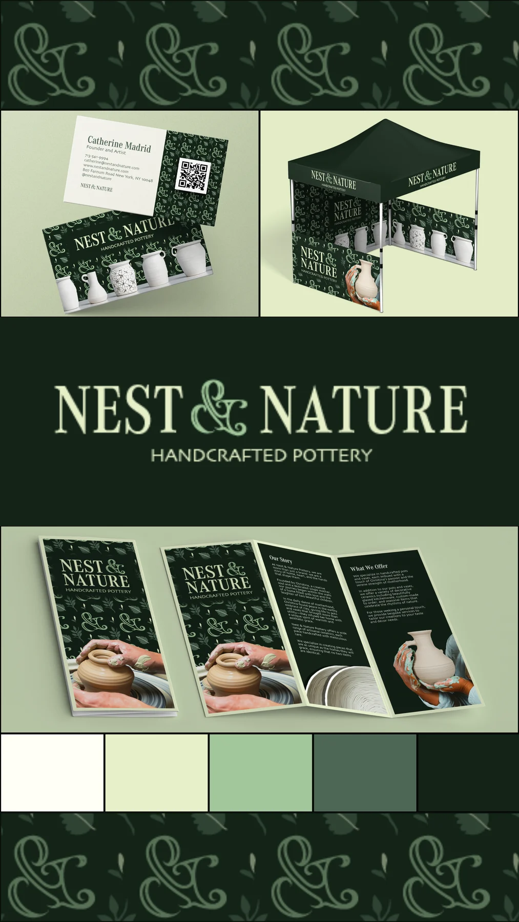 Nest & Nature brand board with green palette, pattern and printed applications