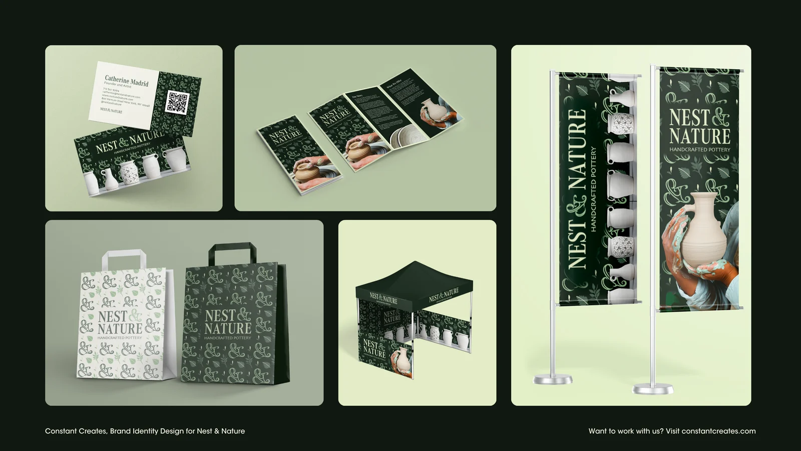 Nest & Nature identity across stationery, packaging and event displays