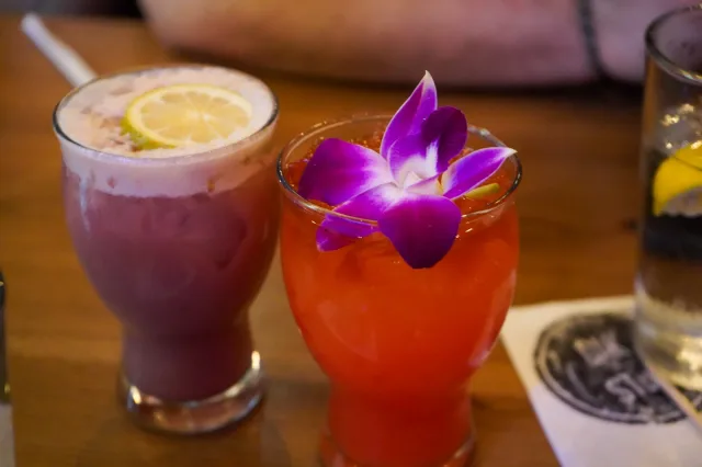 Two cocktails with citrus and an orchid garnish