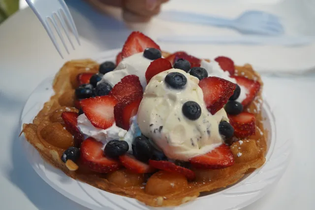 A berry waffle topped with ice cream