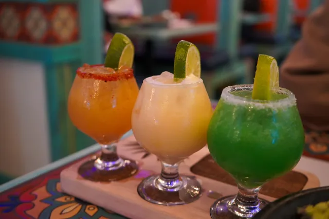 A colorful trio of margaritas on the table