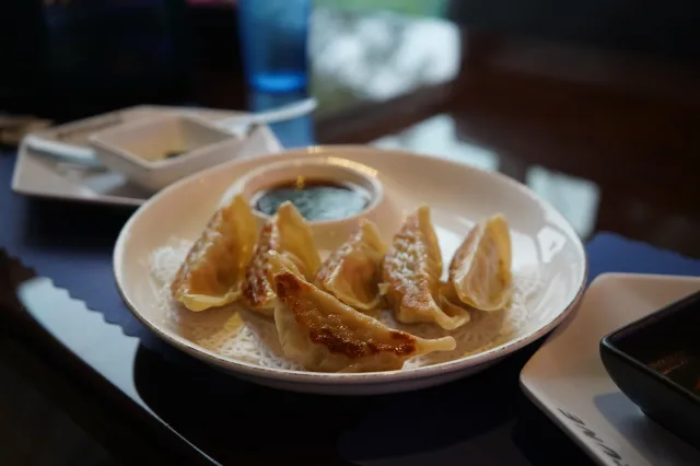 Gyoza arranged around a dipping sauce
