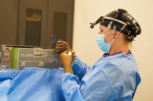 A masked veterinarian preparing an instrument in the operating room
