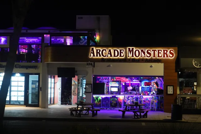 Arcade Monsters illuminated exterior at night