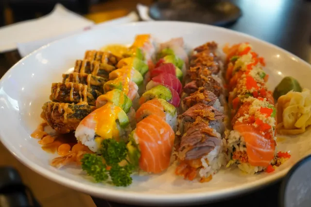 A colorful platter of sushi rolls at Sushi Yama